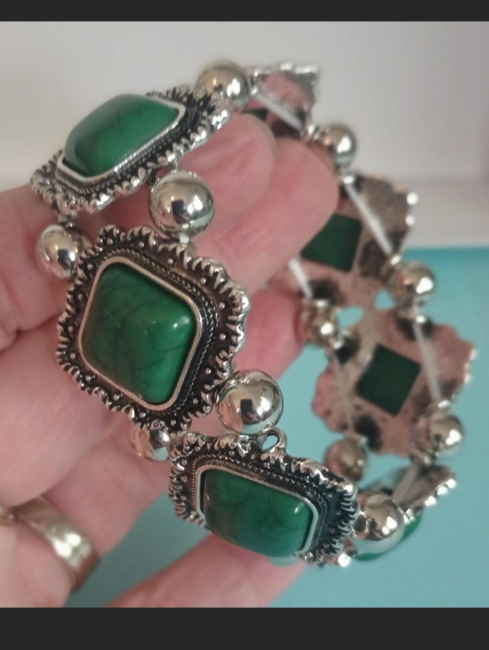 Green Stone Silver-Tone Statement Bracelet - Women Jewelry